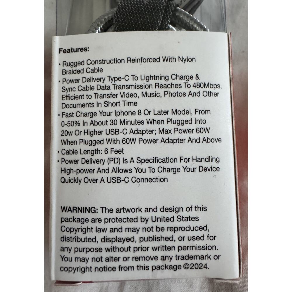 PowerXcel USB-C to Cable 6FT PD 60W Fast Charge Apple iPhone iPad New - Picture 4 of 6
